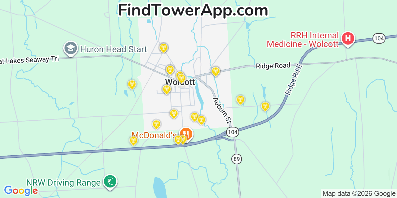 Map showing the 20 primary cell tower locations detected in Wolcott, New York from AT&T, Verizon, and T-Mobile networks