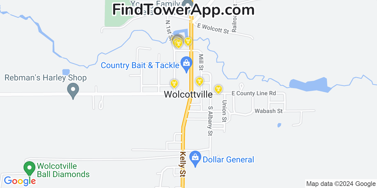 AT&T 4G/5G cell tower coverage map Wolcottville, Indiana