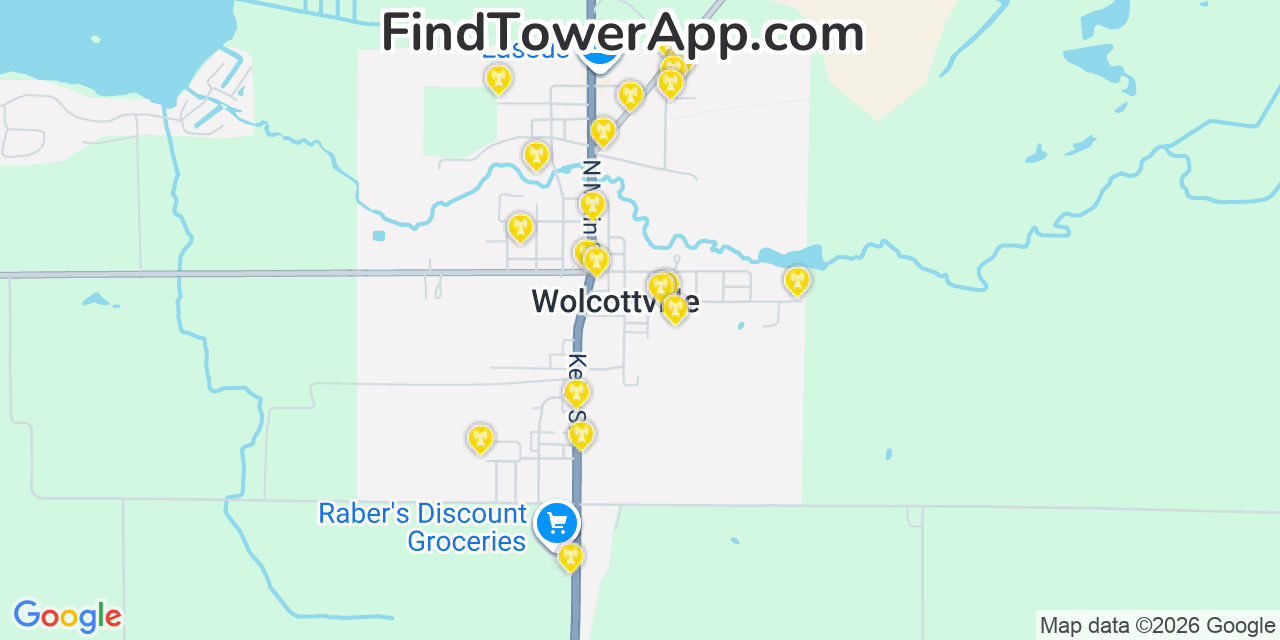 Map showing the 20 primary cell tower locations detected in Wolcottville, Indiana from AT&T, Verizon, and T-Mobile networks