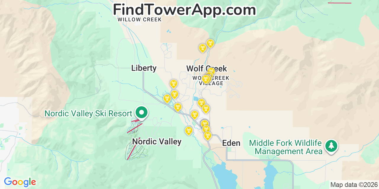 Map showing the 20 primary cell tower locations detected in Wolf Creek, Utah from AT&T, Verizon, and T-Mobile networks