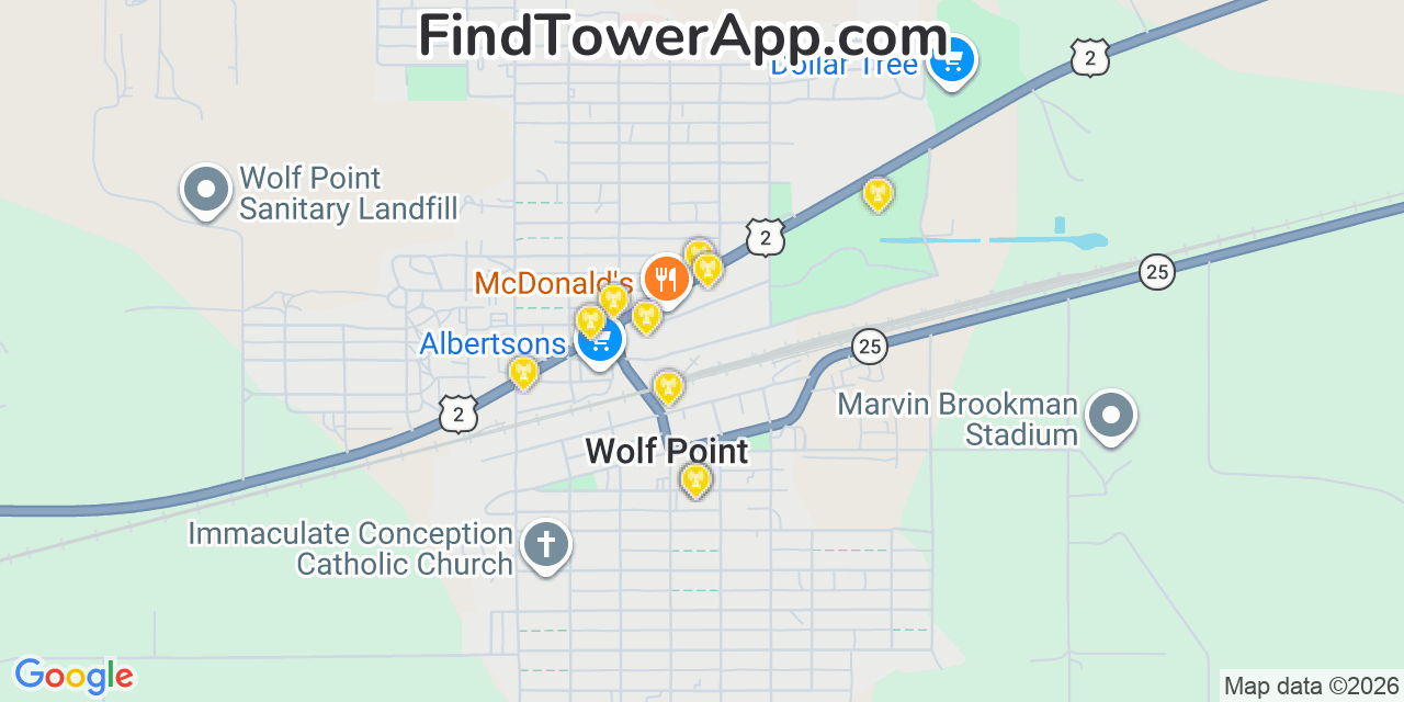 Map showing the 20 primary cell tower locations detected in Wolf Point, Montana from AT&T, Verizon, and T-Mobile networks