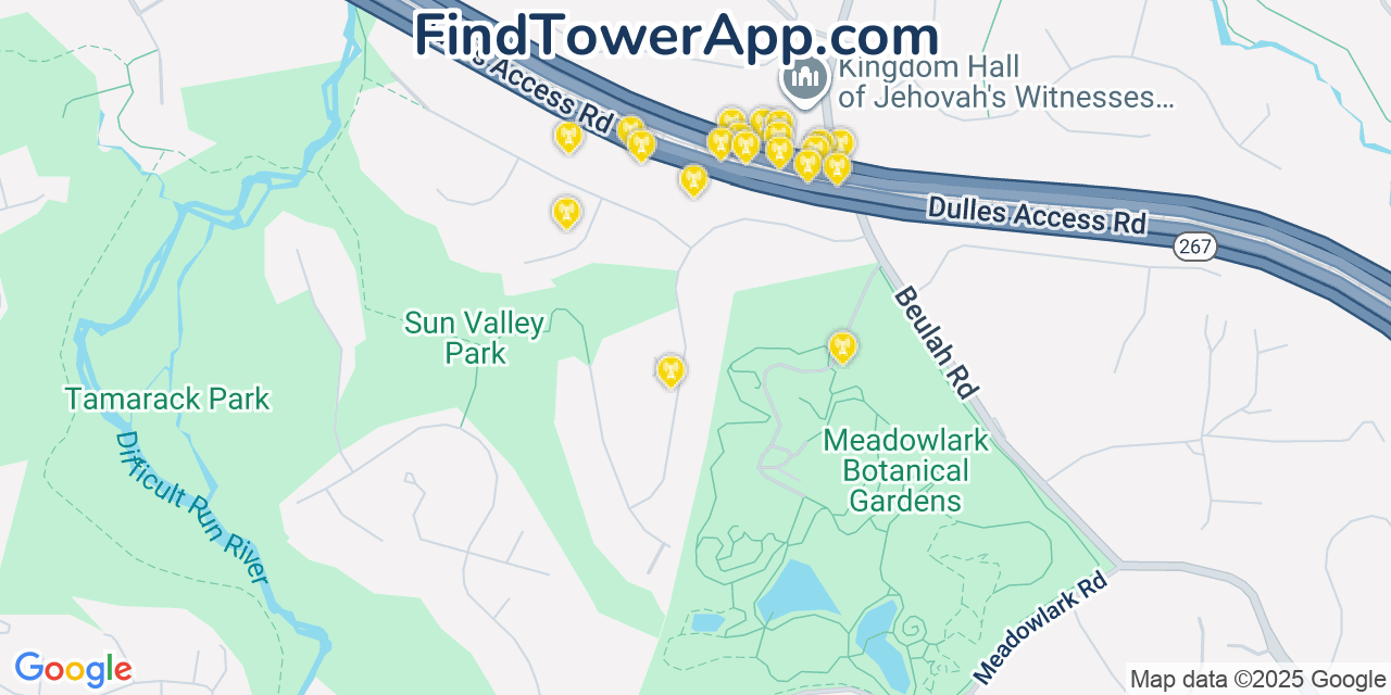 Map showing the 20 primary cell tower locations detected in Wolf Trap, Virginia from AT&T, Verizon, and T-Mobile networks
