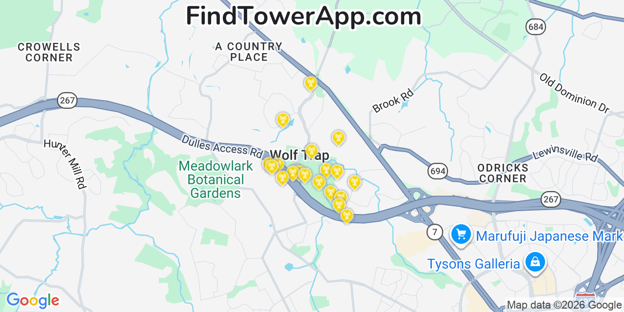 Map showing the 20 primary cell tower locations detected in Wolf Trap, Virginia from AT&T, Verizon, and T-Mobile networks