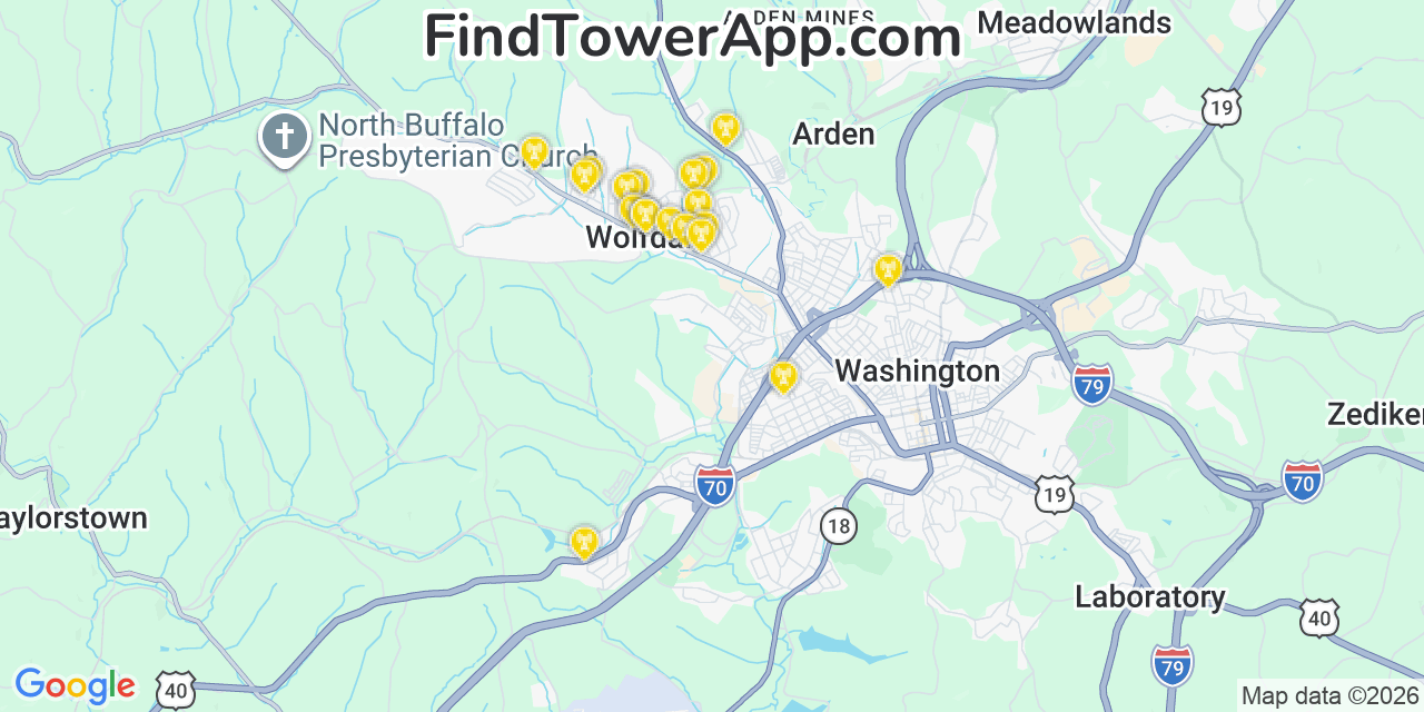 Map showing the 20 primary cell tower locations detected in Wolfdale, Pennsylvania from AT&T, Verizon, and T-Mobile networks
