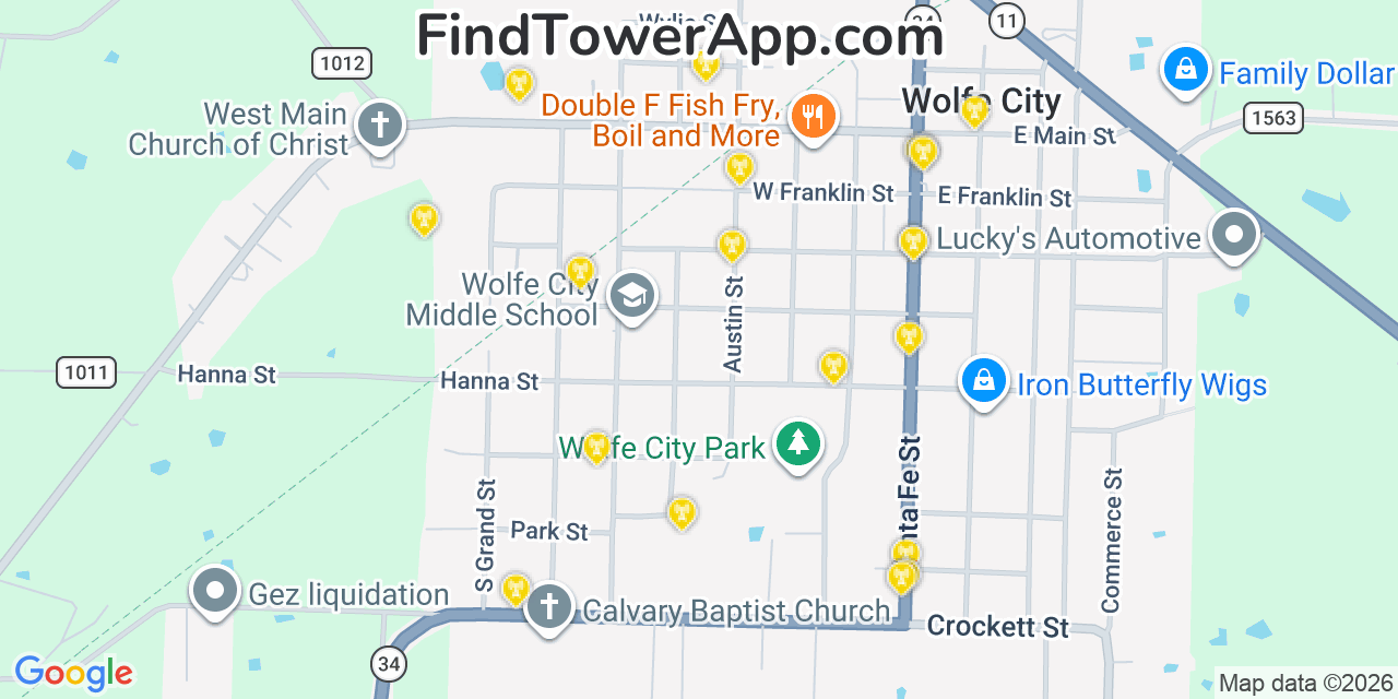 Map showing the 20 primary cell tower locations detected in Wolfe City, Texas from AT&T, Verizon, and T-Mobile networks