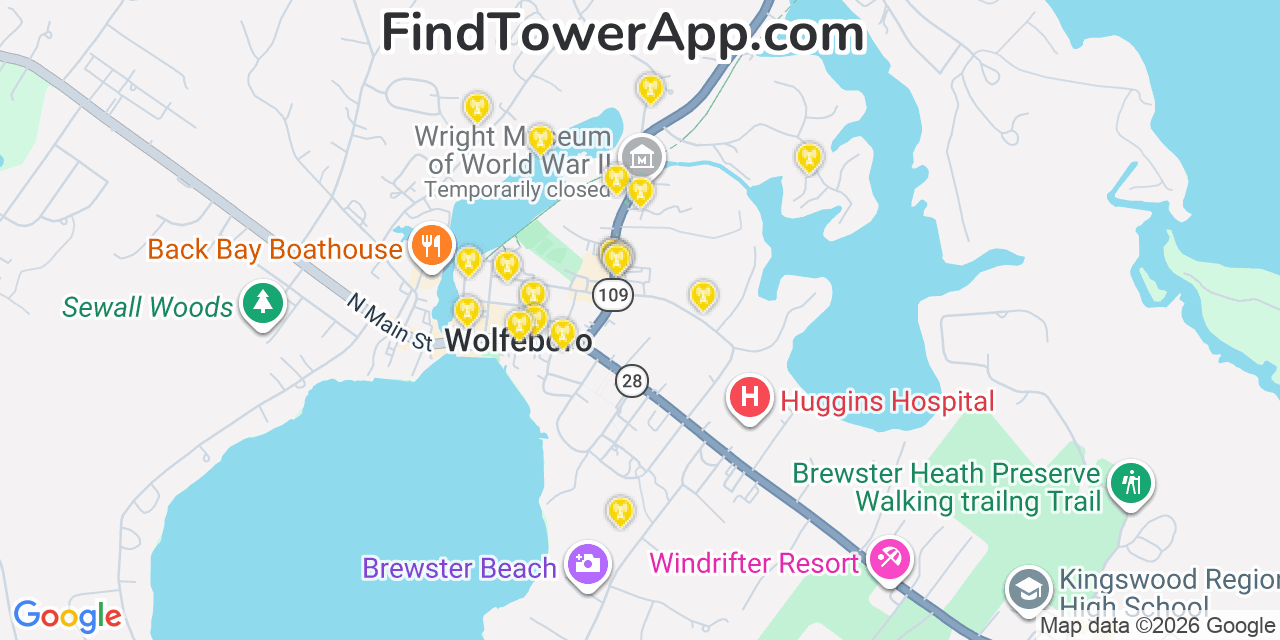 Map showing the 20 primary cell tower locations detected in Wolfeboro, New Hampshire from AT&T, Verizon, and T-Mobile networks