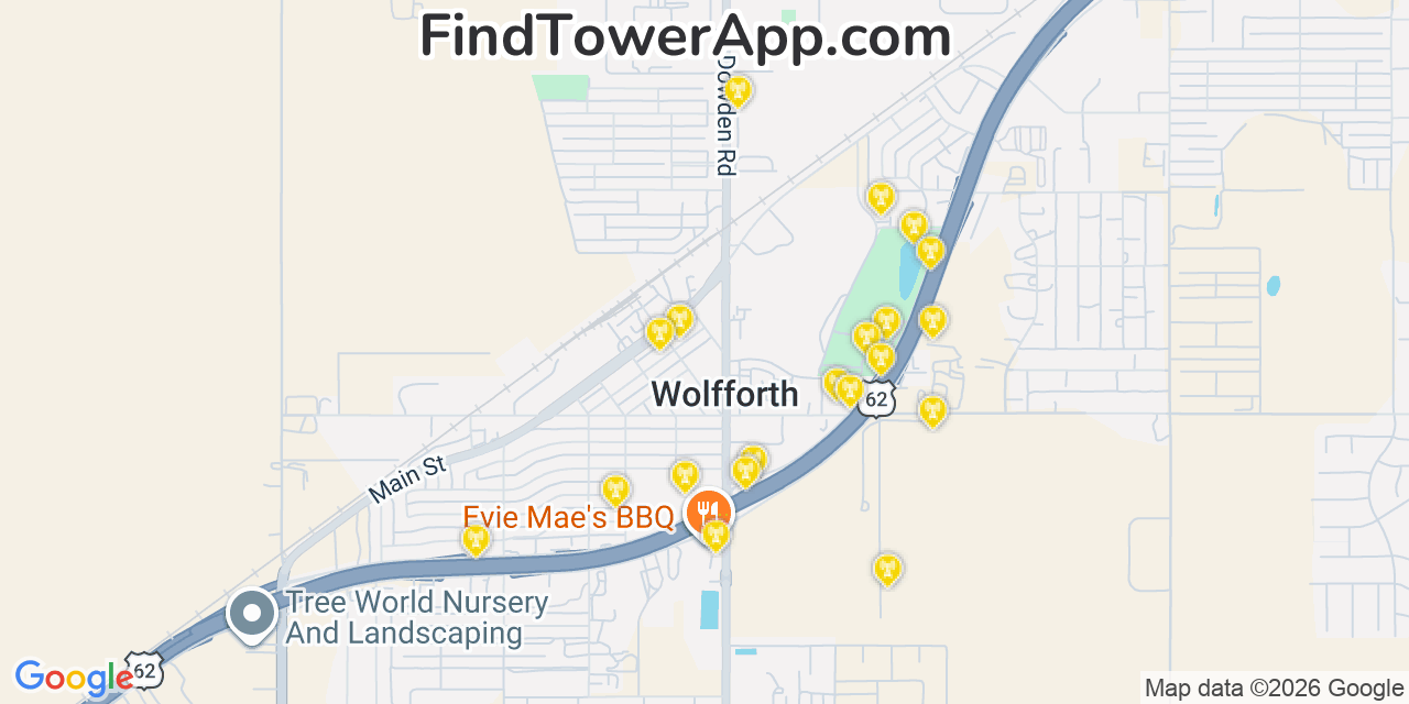 Map showing the 20 primary cell tower locations detected in Wolfforth, Texas from AT&T, Verizon, and T-Mobile networks