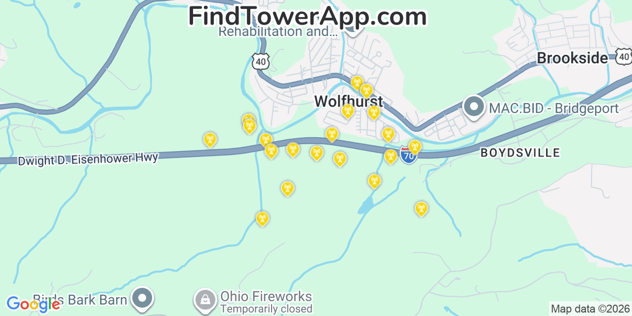 Map showing the 20 primary cell tower locations detected in Wolfhurst, Ohio from AT&T, Verizon, and T-Mobile networks