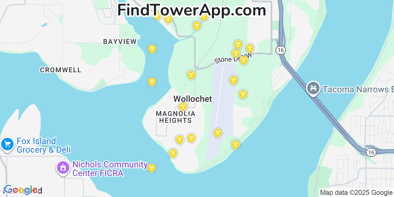 Map showing the 20 primary cell tower locations detected in Wollochet, Washington from AT&T, Verizon, and T-Mobile networks