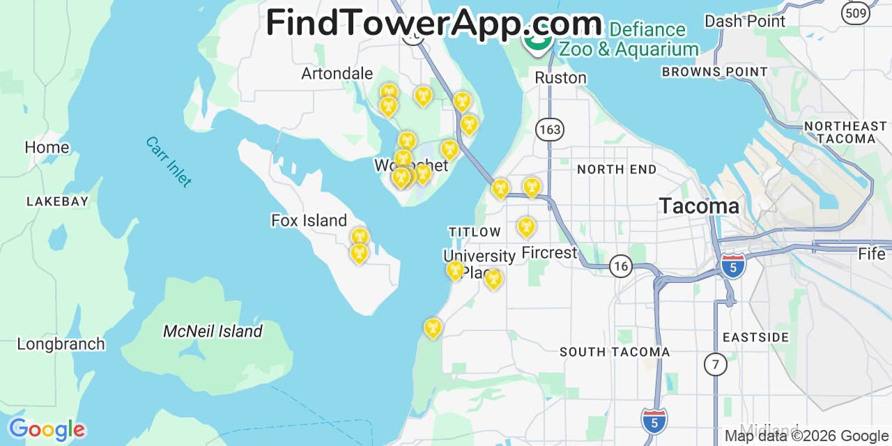 Map showing the 20 primary cell tower locations detected in Wollochet, Washington from AT&T, Verizon, and T-Mobile networks