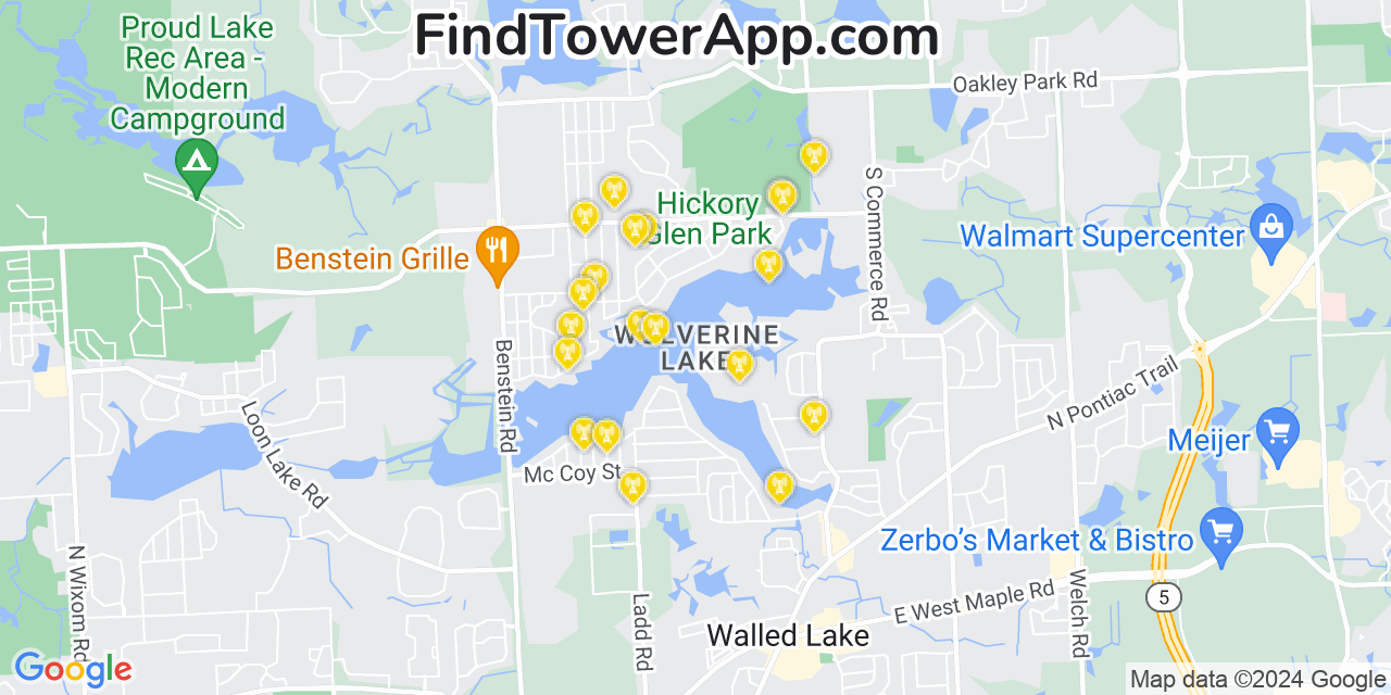 AT&T 4G/5G cell tower coverage map Wolverine Lake, Michigan