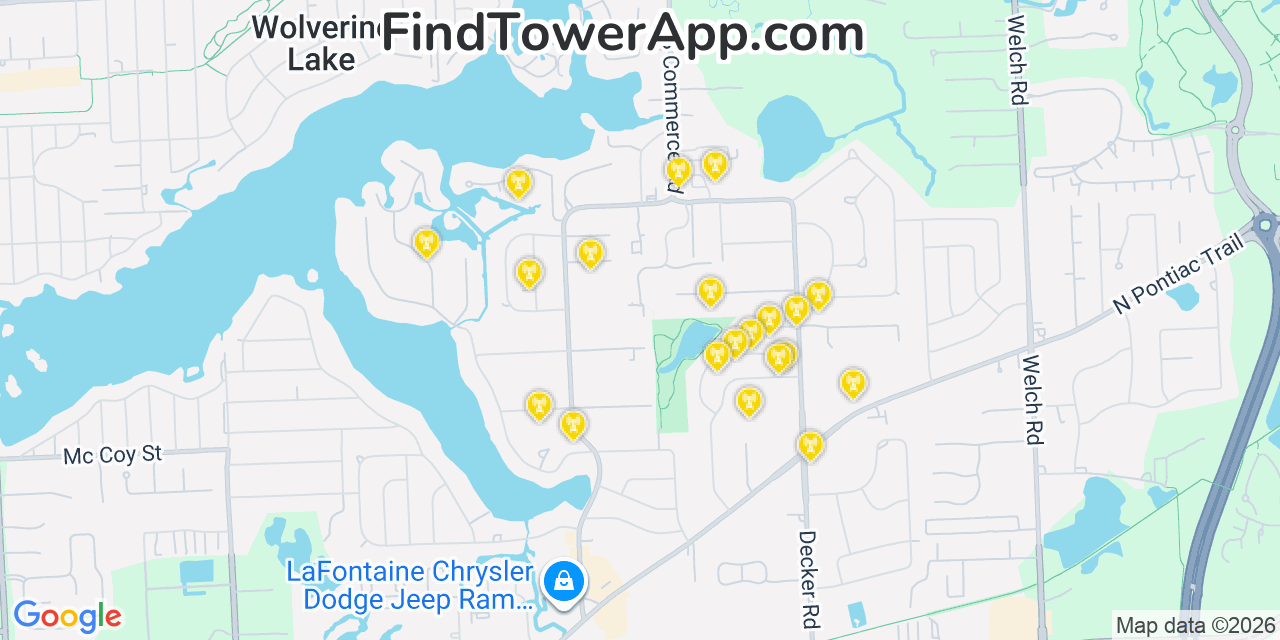 Map showing the 20 primary cell tower locations detected in Wolverine Lake, Michigan from AT&T, Verizon, and T-Mobile networks