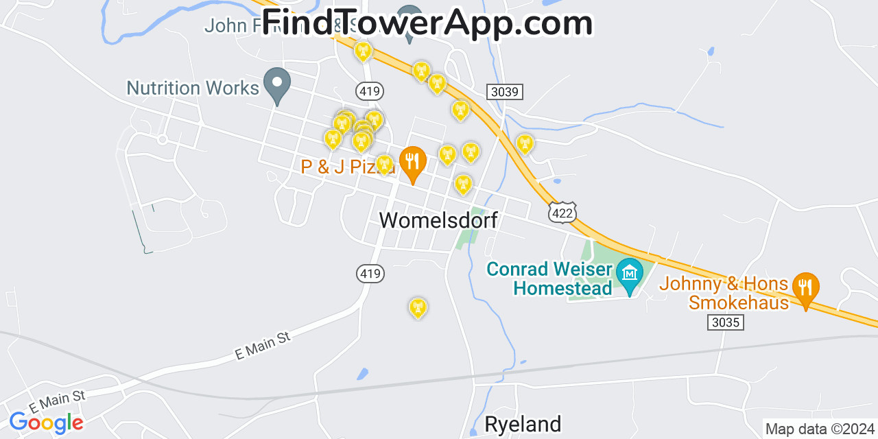 AT&T 4G/5G cell tower coverage map Womelsdorf, Pennsylvania