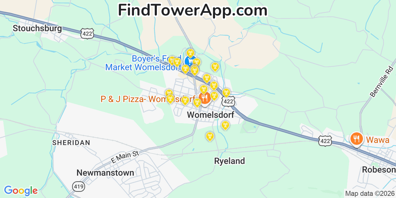 Map showing the 20 primary cell tower locations detected in Womelsdorf, Pennsylvania from AT&T, Verizon, and T-Mobile networks