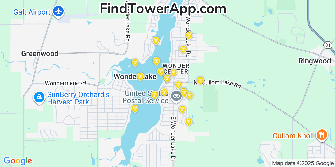 Map showing the 20 primary cell tower locations detected in Wonder Lake, Illinois from AT&T, Verizon, and T-Mobile networks