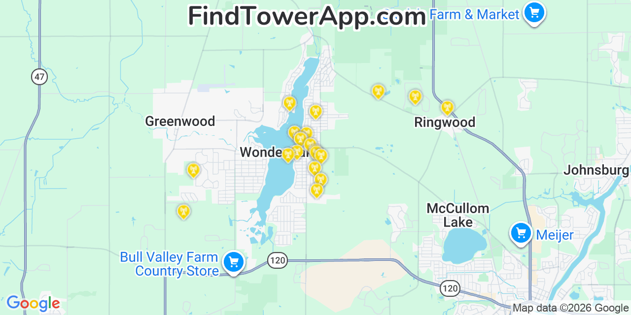Map showing the 20 primary cell tower locations detected in Wonder Lake, Illinois from AT&T, Verizon, and T-Mobile networks