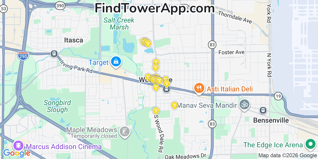 Map showing the 20 primary cell tower locations detected in Wood Dale, Illinois from AT&T, Verizon, and T-Mobile networks