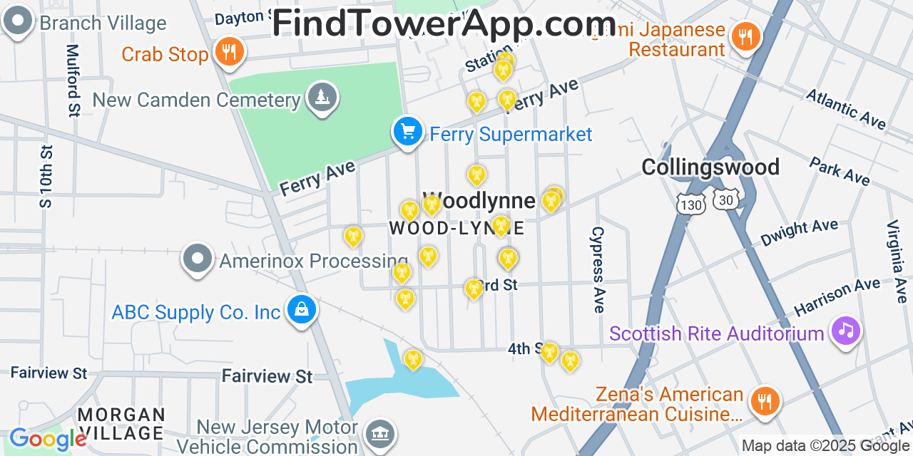 Map showing the 20 primary cell tower locations detected in Wood-Lynne, New Jersey from AT&T, Verizon, and T-Mobile networks