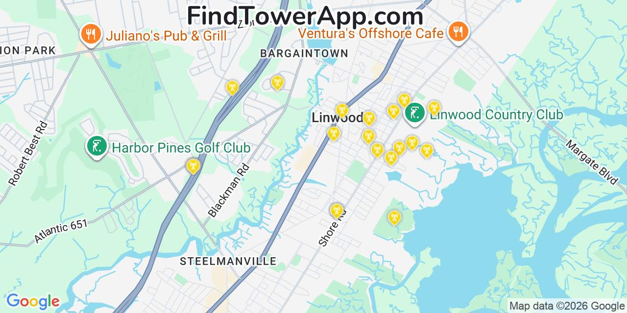 Map showing the 20 primary cell tower locations detected in Wood Lynne, New Jersey from AT&T, Verizon, and T-Mobile networks
