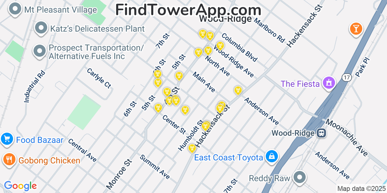 Map showing the 20 primary cell tower locations detected in Wood-Ridge, New Jersey from AT&T, Verizon, and T-Mobile networks