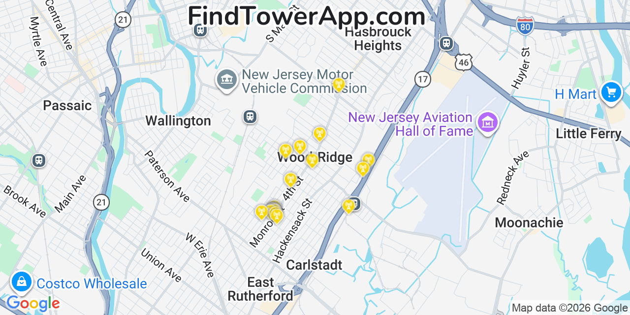 Map showing the 20 primary cell tower locations detected in Wood Ridge, New Jersey from AT&T, Verizon, and T-Mobile networks