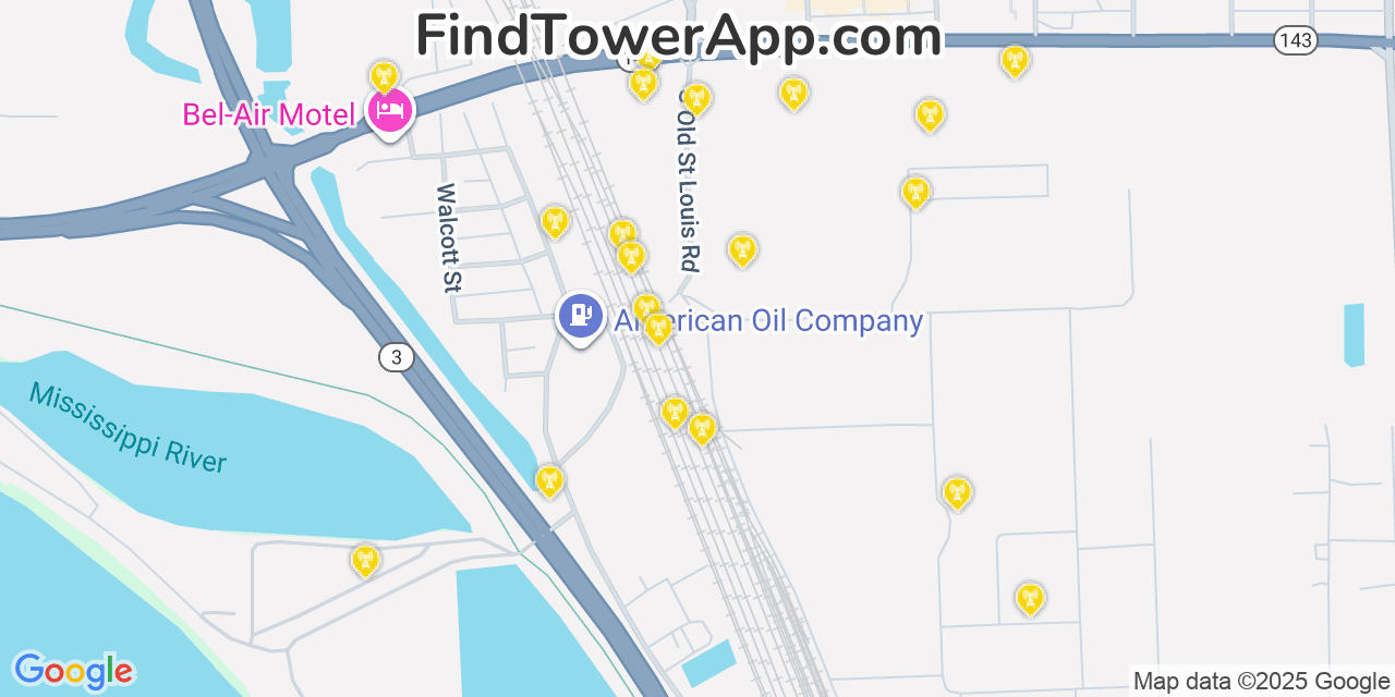 Map showing the 20 primary cell tower locations detected in Wood River, Illinois from AT&T, Verizon, and T-Mobile networks