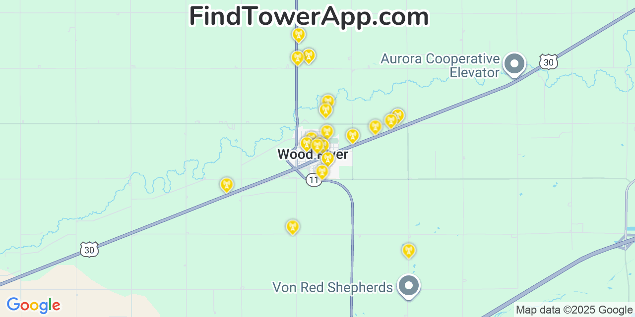 Map showing the 20 primary cell tower locations detected in Wood River, Nebraska from AT&T, Verizon, and T-Mobile networks