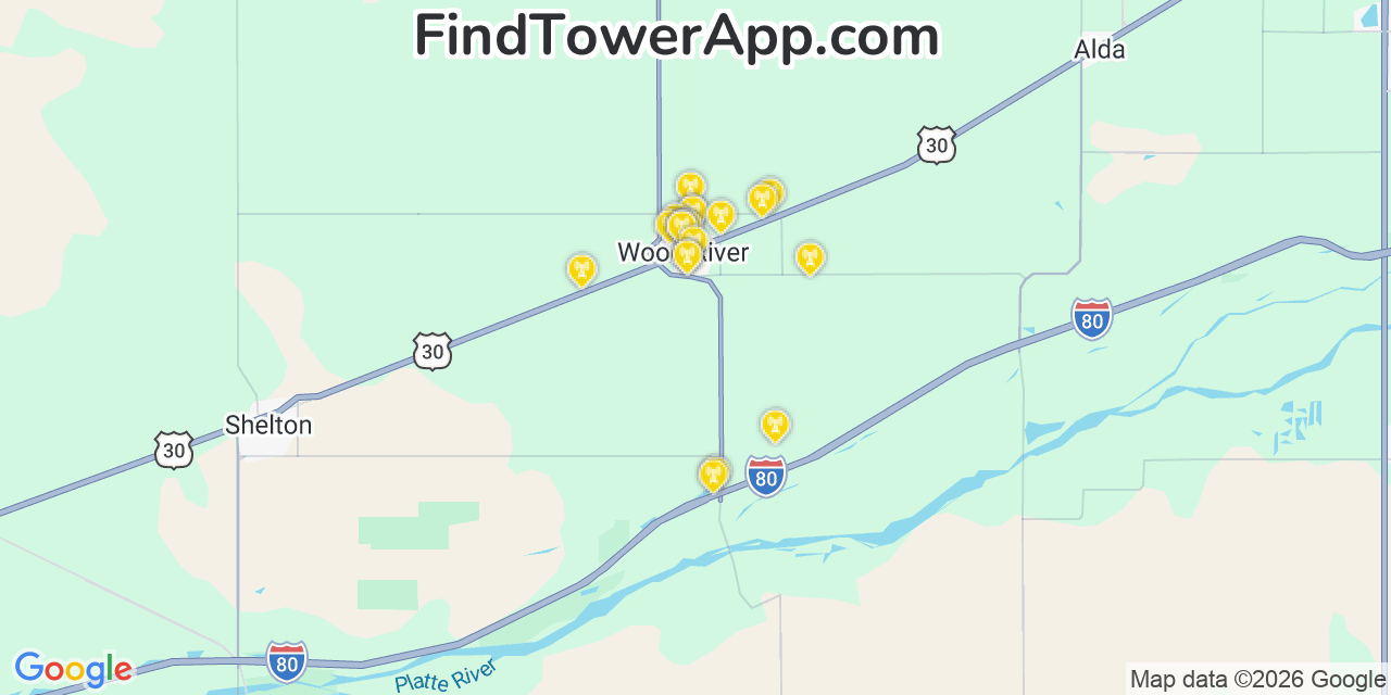 Map showing the 20 primary cell tower locations detected in Wood River, Nebraska from AT&T, Verizon, and T-Mobile networks