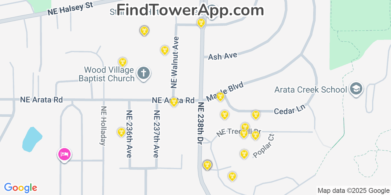 Map showing the 20 primary cell tower locations detected in Wood Village, Oregon from AT&T, Verizon, and T-Mobile networks