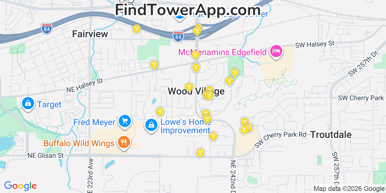 Map showing the 20 primary cell tower locations detected in Wood Village, Oregon from AT&T, Verizon, and T-Mobile networks