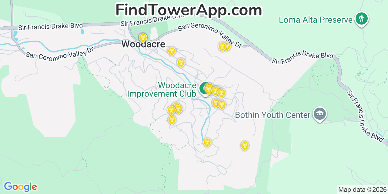 Map showing the 20 primary cell tower locations detected in Woodacre, California from AT&T, Verizon, and T-Mobile networks