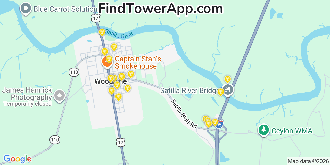 Map showing the 20 primary cell tower locations detected in Woodbine, Georgia from AT&T, Verizon, and T-Mobile networks