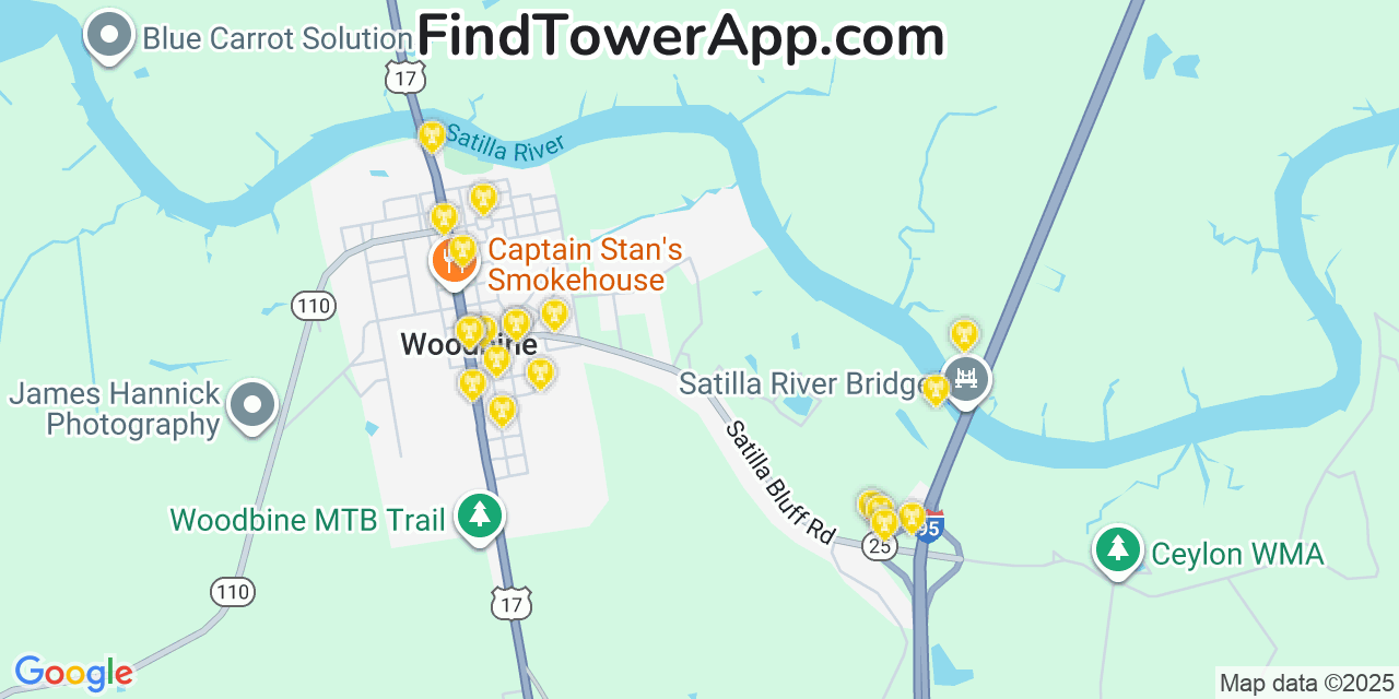 Map showing the 20 primary Mobitel cell tower locations detected in Woodbine, Georgia with coverage radius and signal strength indicators