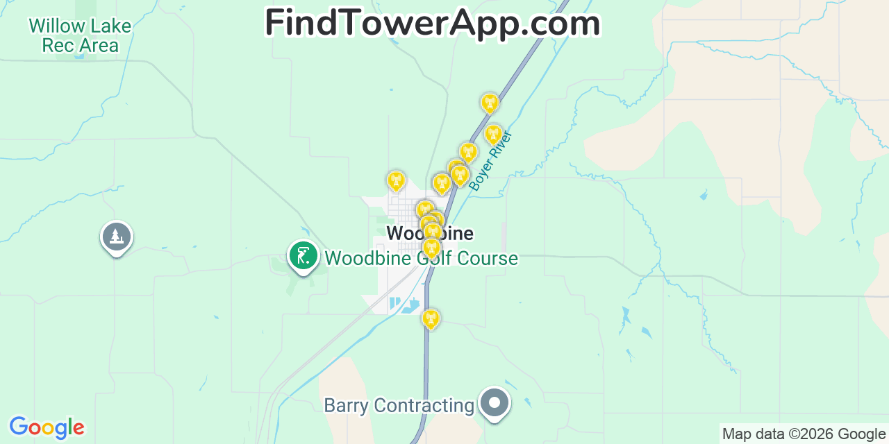 Map showing the 20 primary cell tower locations detected in Woodbine, Iowa from AT&T, Verizon, and T-Mobile networks