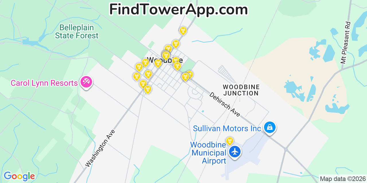 Map showing the 20 primary cell tower locations detected in Woodbine, New Jersey from AT&T, Verizon, and T-Mobile networks
