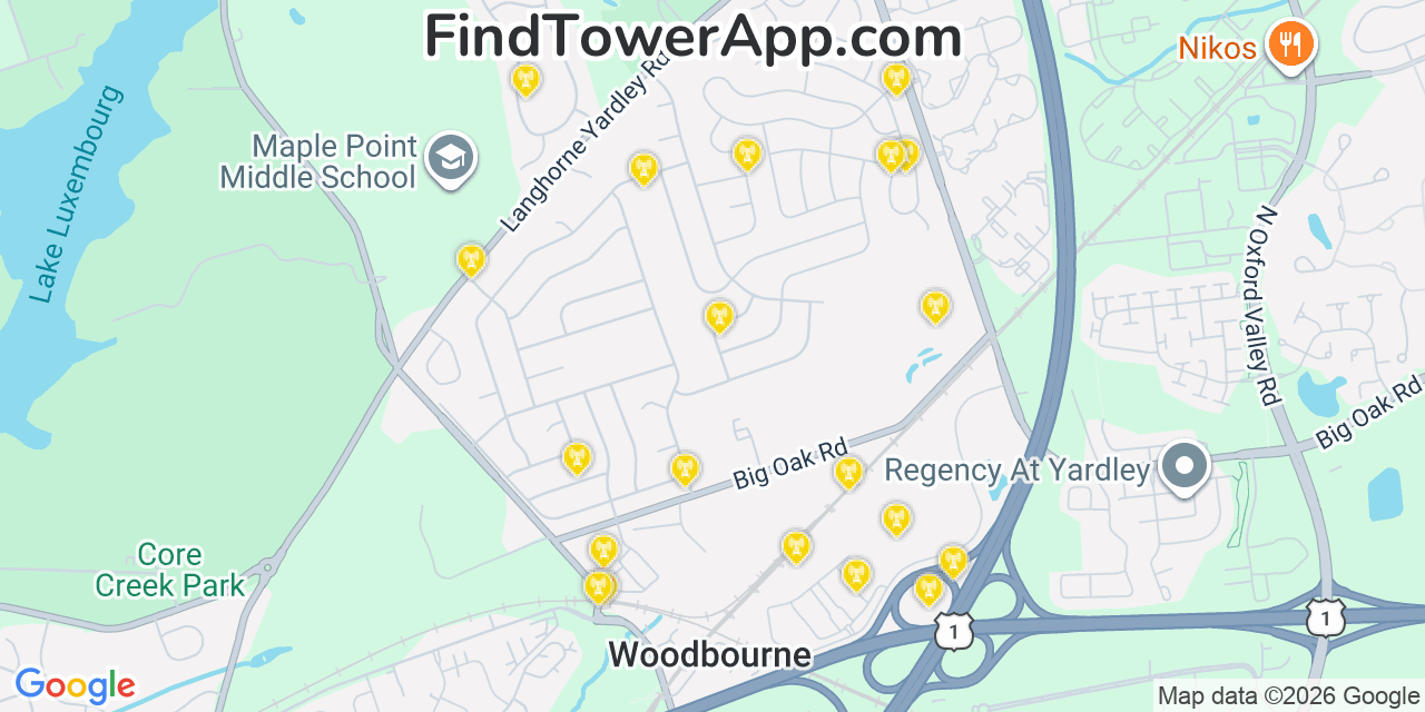 Map showing the 20 primary cell tower locations detected in Woodbourne, Pennsylvania from AT&T, Verizon, and T-Mobile networks