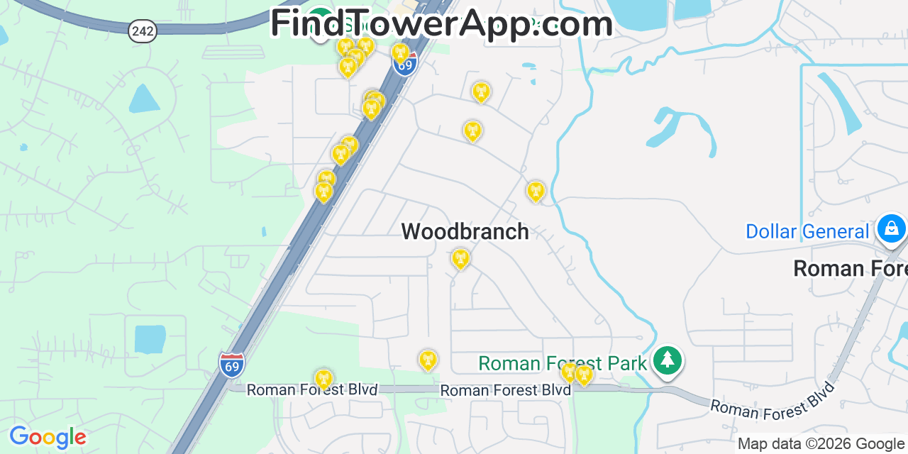 Map showing the 20 primary cell tower locations detected in Woodbranch, Texas from AT&T, Verizon, and T-Mobile networks