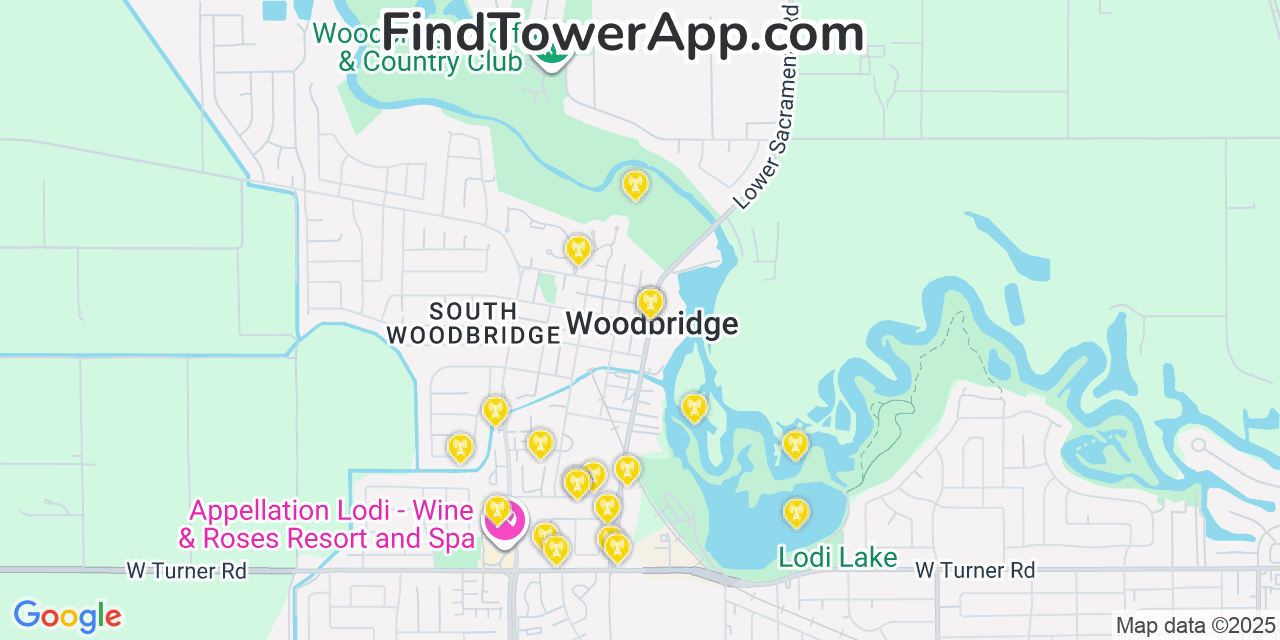 Map showing the 20 primary cell tower locations detected in Woodbridge, California from AT&T, Verizon, and T-Mobile networks