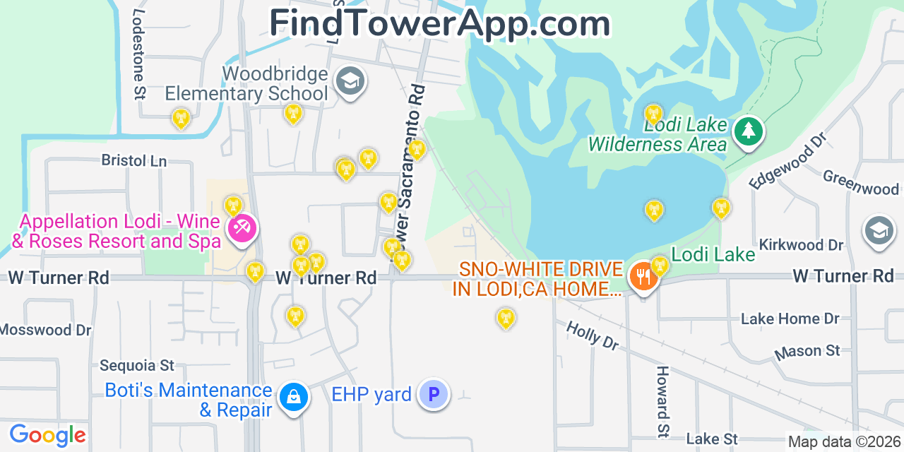 Map showing the 20 primary cell tower locations detected in Woodbridge, California from AT&T, Verizon, and T-Mobile networks