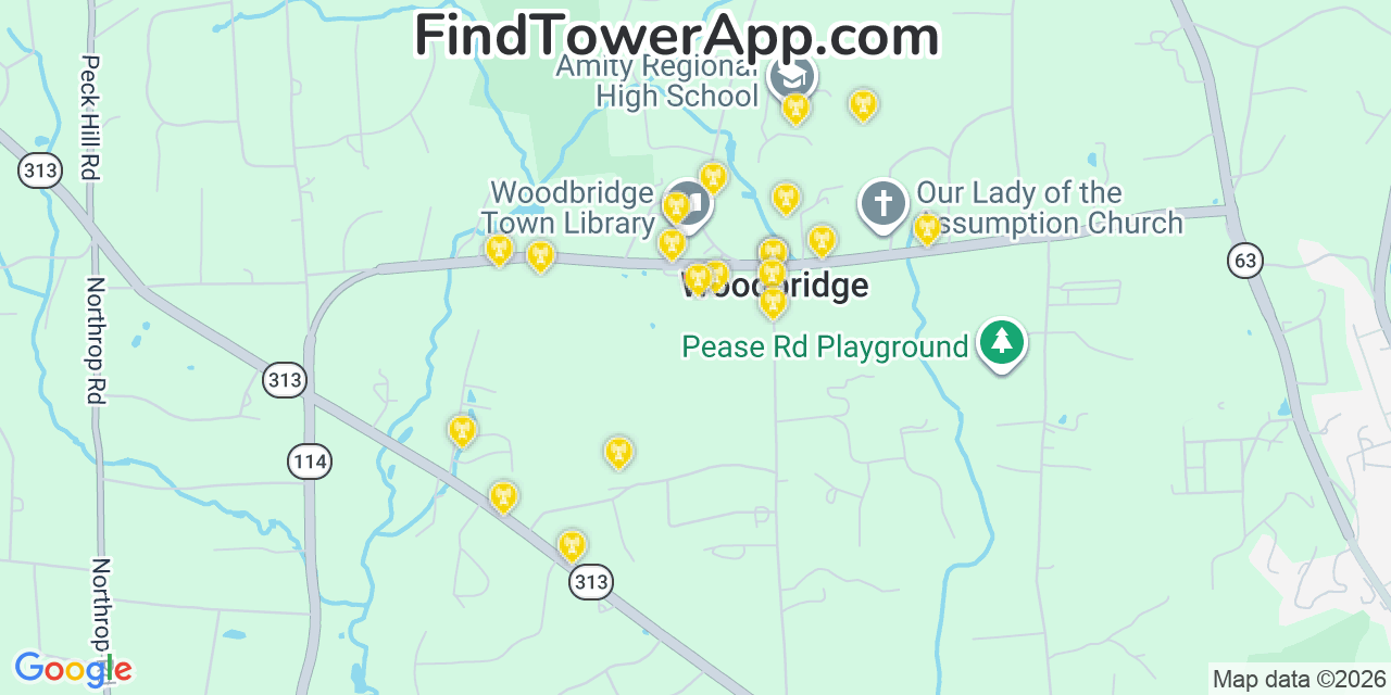 Map showing the 20 primary cell tower locations detected in Woodbridge, Connecticut from AT&T, Verizon, and T-Mobile networks