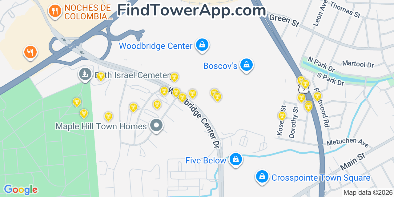 Map showing the 20 primary cell tower locations detected in Woodbridge, New Jersey from AT&T, Verizon, and T-Mobile networks