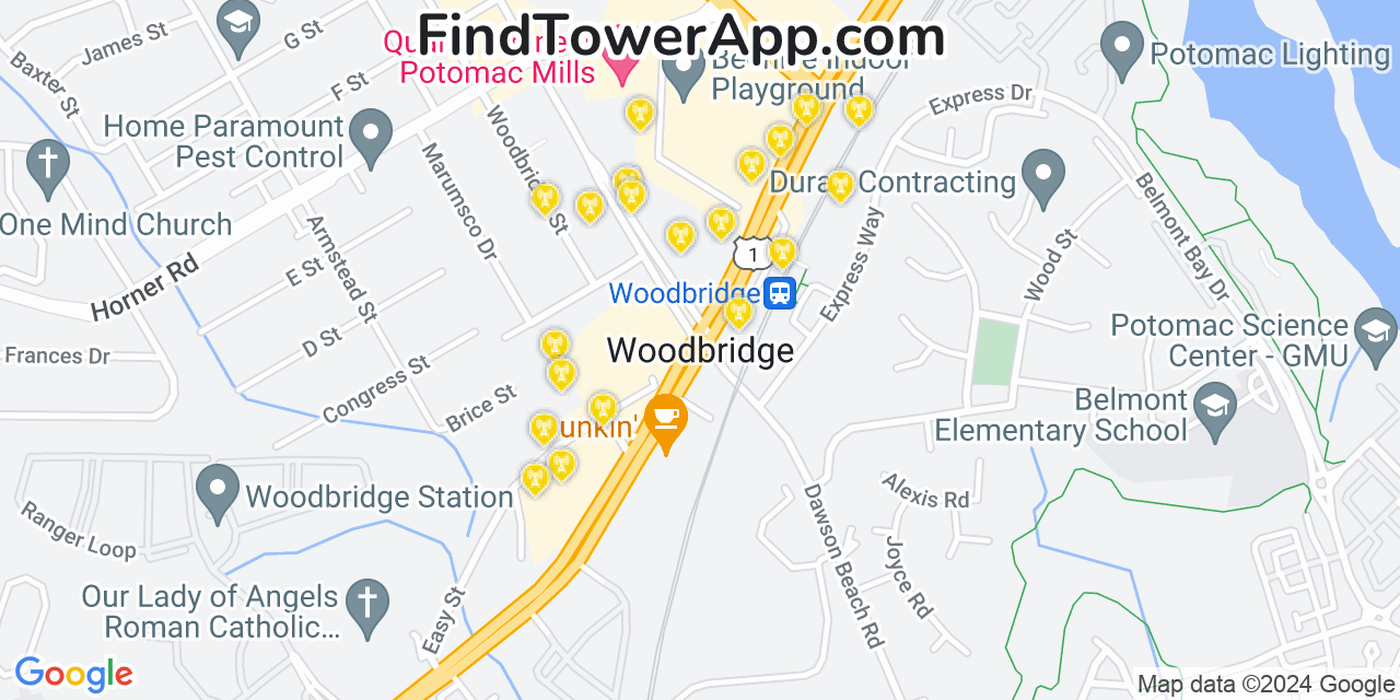 AT&T 4G/5G cell tower coverage map Woodbridge, Virginia