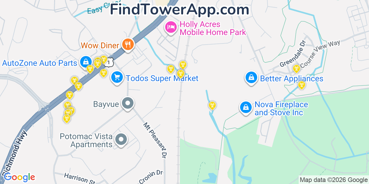 Map showing the 20 primary cell tower locations detected in Woodbridge, Virginia from AT&T, Verizon, and T-Mobile networks