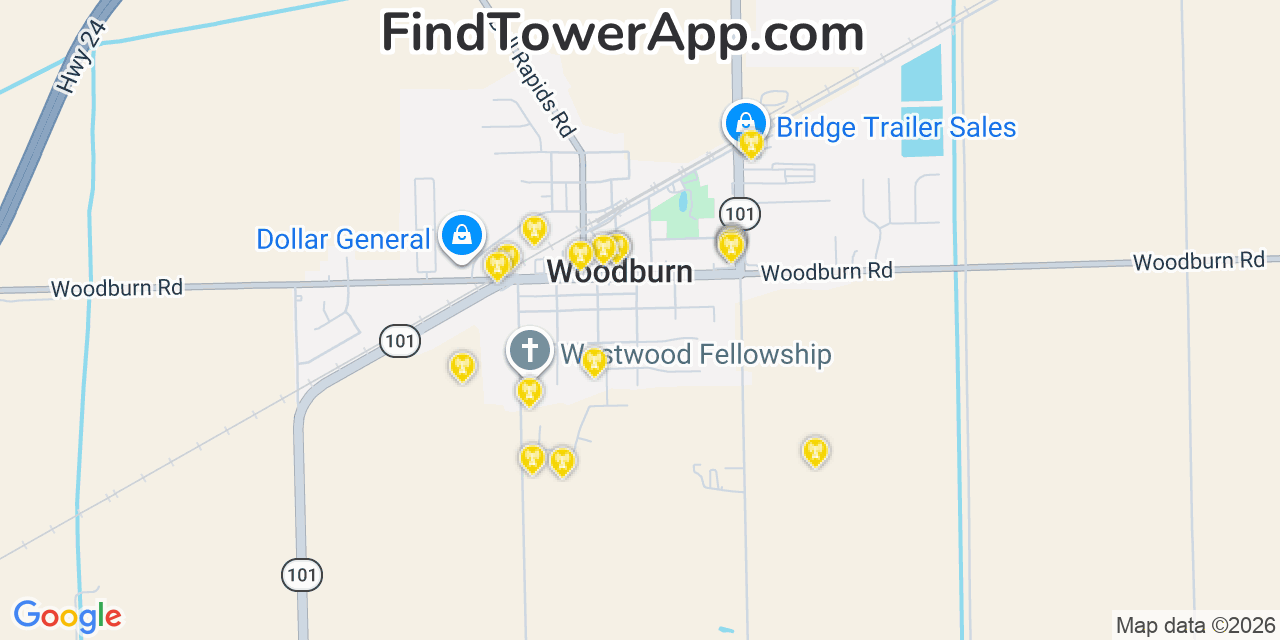 Map showing the 20 primary cell tower locations detected in Woodburn, Indiana from AT&T, Verizon, and T-Mobile networks