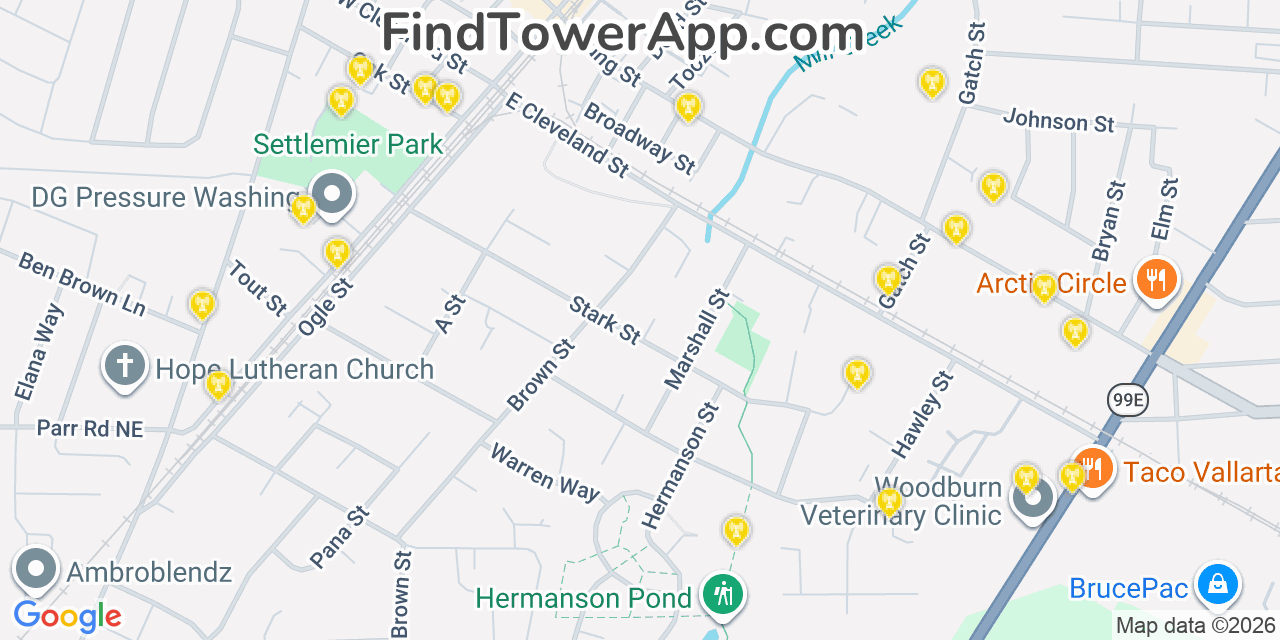 Map showing the 20 primary cell tower locations detected in Woodburn, Oregon from AT&T, Verizon, and T-Mobile networks