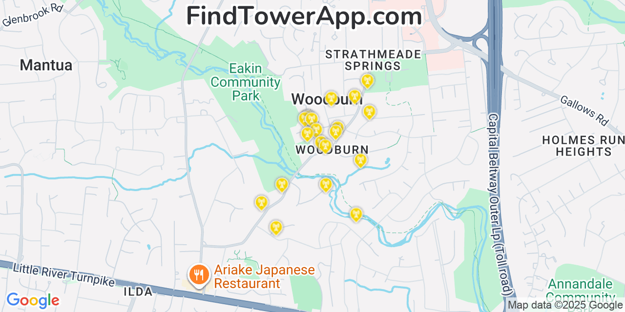 Map showing the 20 primary cell tower locations detected in Woodburn, Virginia from AT&T, Verizon, and T-Mobile networks
