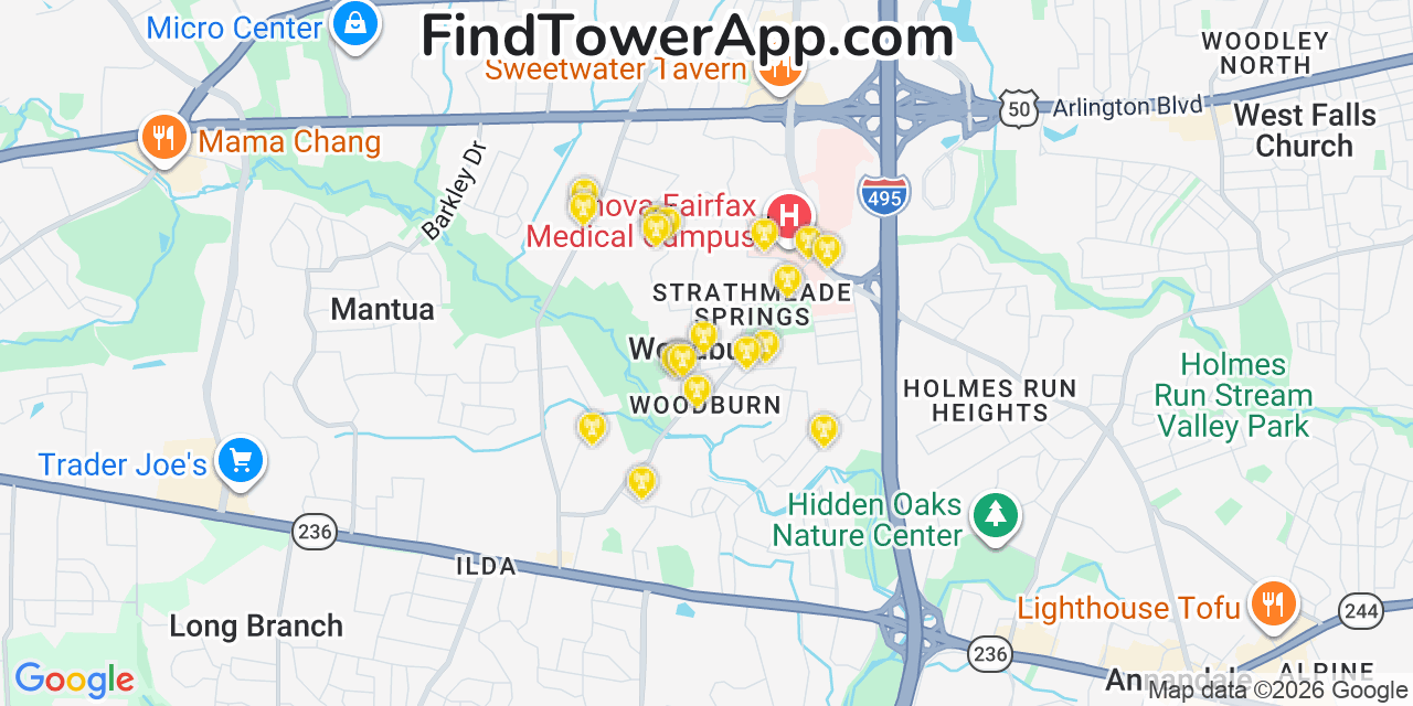 Map showing the 20 primary cell tower locations detected in Woodburn, Virginia from AT&T, Verizon, and T-Mobile networks