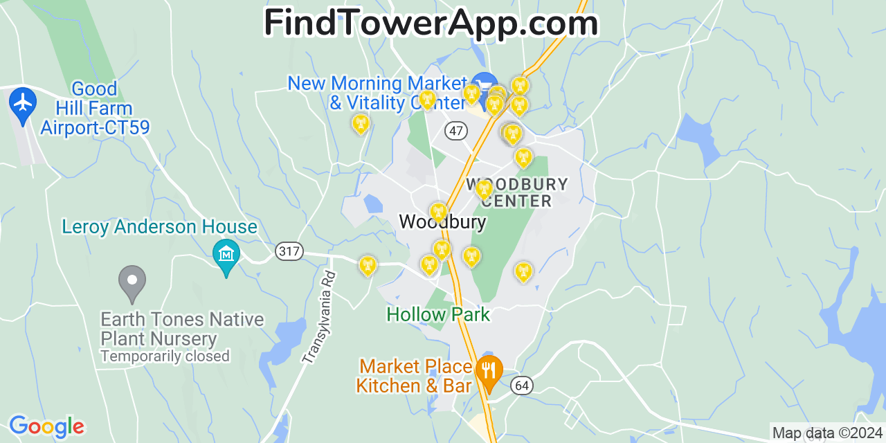 AT&T 4G/5G cell tower coverage map Woodbury Center, Connecticut