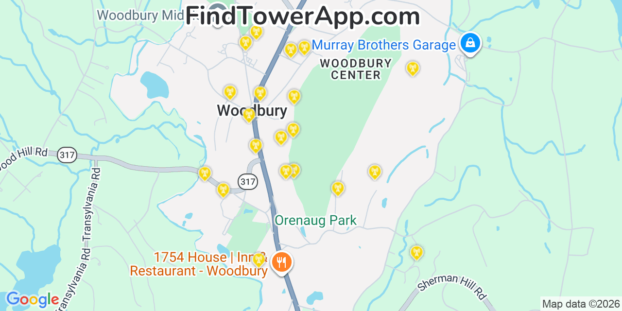 Map showing the 20 primary cell tower locations detected in Woodbury Center, Connecticut from AT&T, Verizon, and T-Mobile networks
