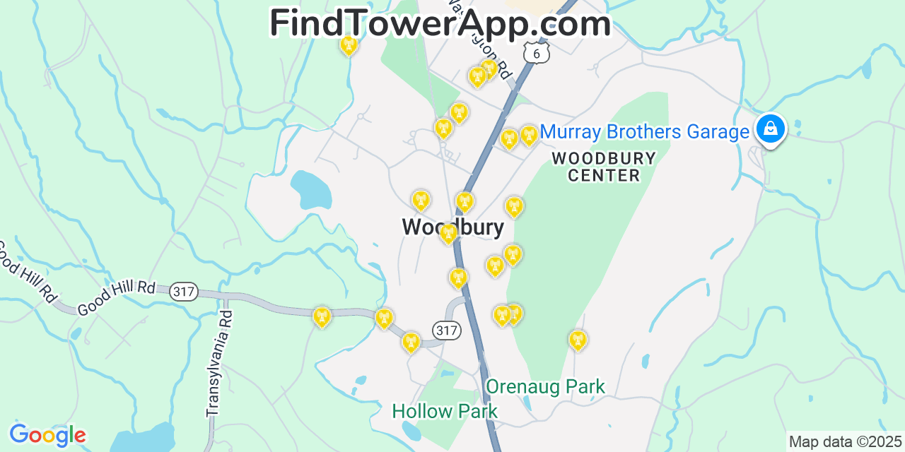 Map showing the 20 primary cell tower locations detected in Woodbury, Connecticut from AT&T, Verizon, and T-Mobile networks